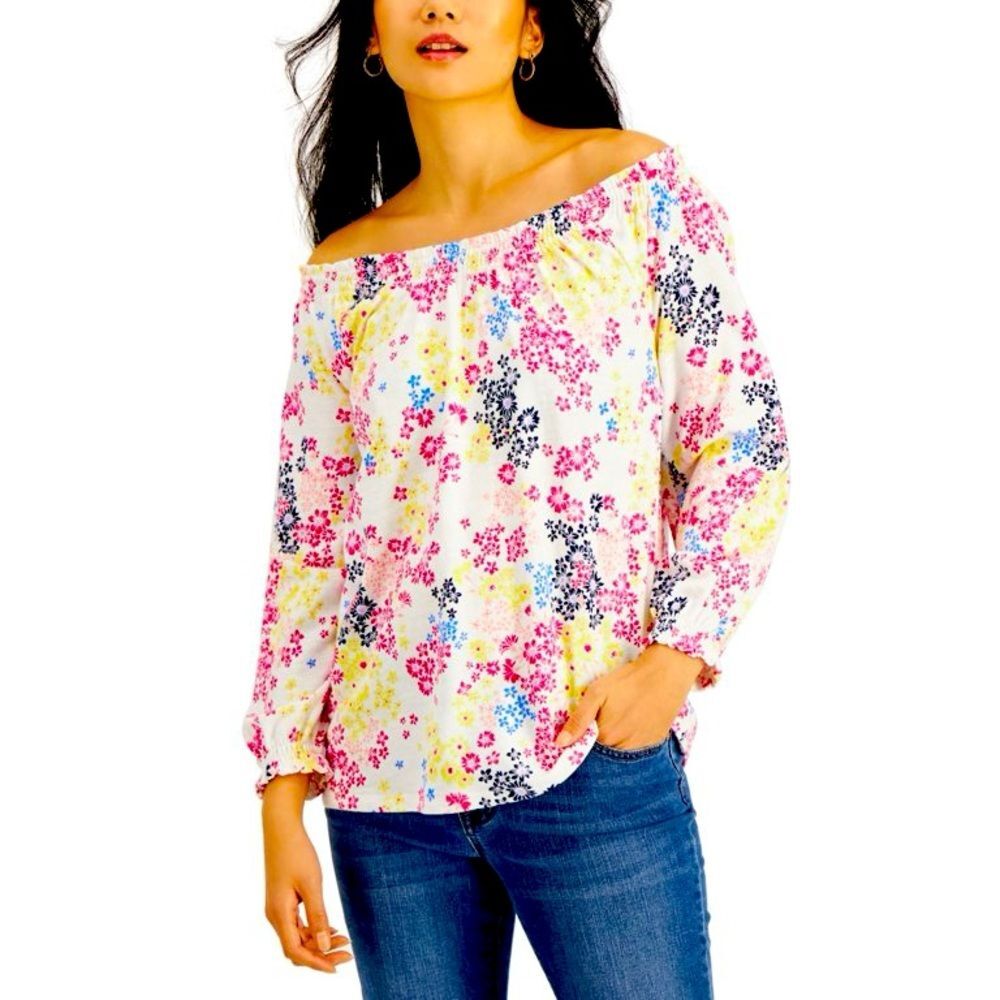 NWT Style & Co Cotton Floral Print Off The Shoulder Top White Daisy Size Small